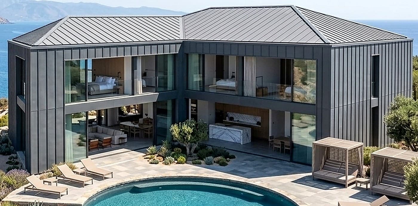 Full zinc standing seam roof and vertical zinc cladding on a coastal architectural home